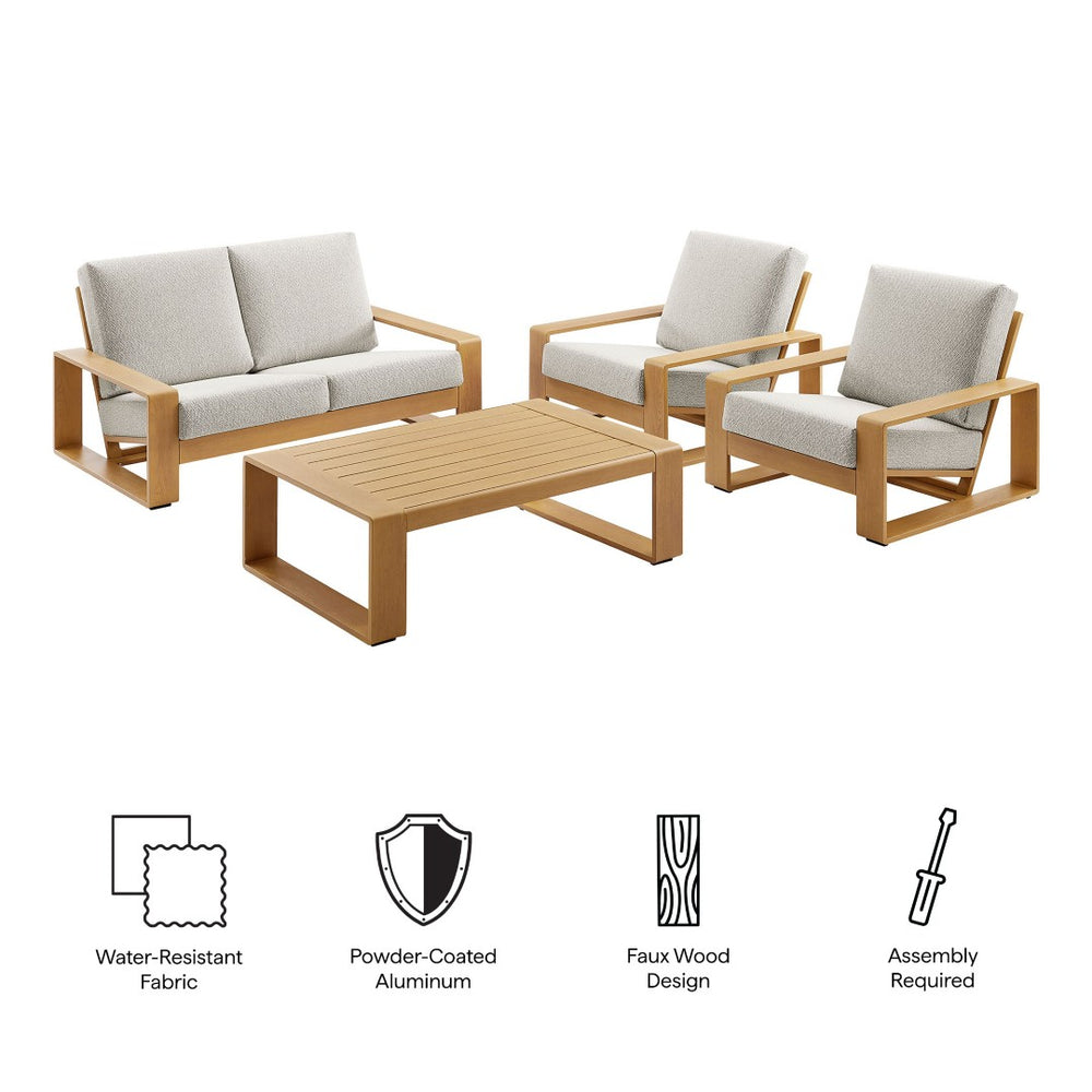 Modway Furniture Lirienne 4-Piece Outdoor Patio Furniture Set - Durable Aluminum with Faux Wood, Modern Comfort Ivory Natural EEI-7322-IVO-NAT