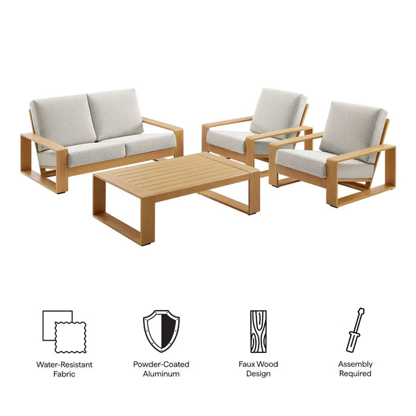 Modway Furniture Lirienne 4-Piece Outdoor Patio Furniture Set - Durable Aluminum with Faux Wood, Modern Comfort Ivory Natural EEI-7322-IVO-NAT