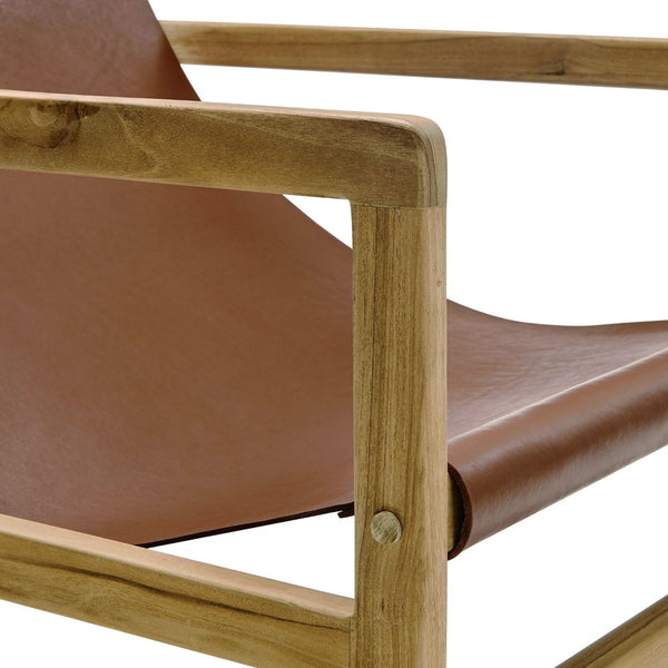 Modway Furniture Sonora Leather Sling Chair - Modern Teak Frame with Ergonomic Comfort for Stylish Living Spaces Chestnut Tan EEI-7324-CSN