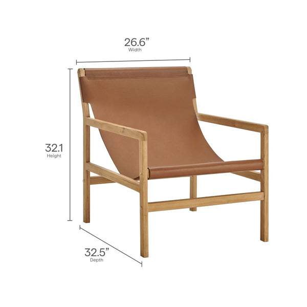 Modway Furniture Sonora Leather Sling Chair - Modern Teak Frame with Ergonomic Comfort for Stylish Living Spaces Chestnut Tan EEI-7324-CSN