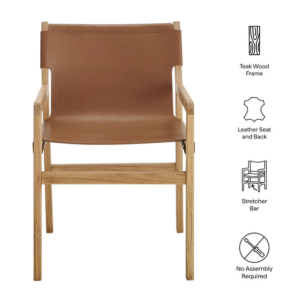 Modway Furniture Sonora Leather Dining Chair - Sculptural Teak Frame, Ergonomic Comfort for Modern Dining Spaces Chestnut Tan EEI-7325-CSN