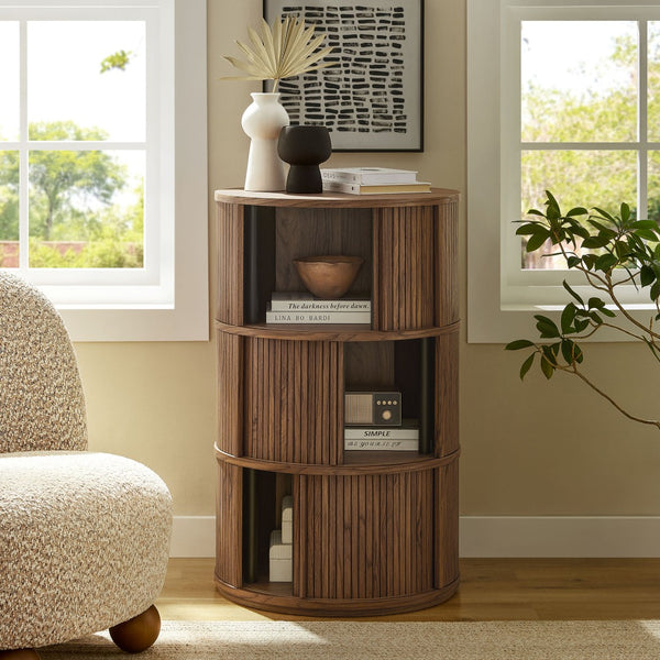 Modway Furniture Clement Round Pedestal Stand Table with Retro Sliding Doors – Stylish Storage for Any Room EEI-7344-WAL