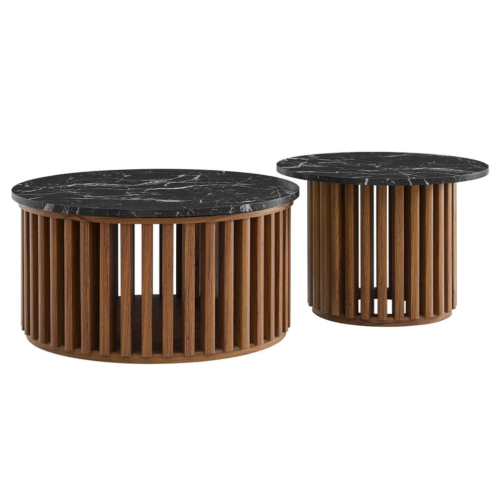 Modway Furniture Fortitude Round Faux Marble Nesting Coffee Table Set - Modern Walnut Design with Hidden Storage EEI-7345-WAL-BLK