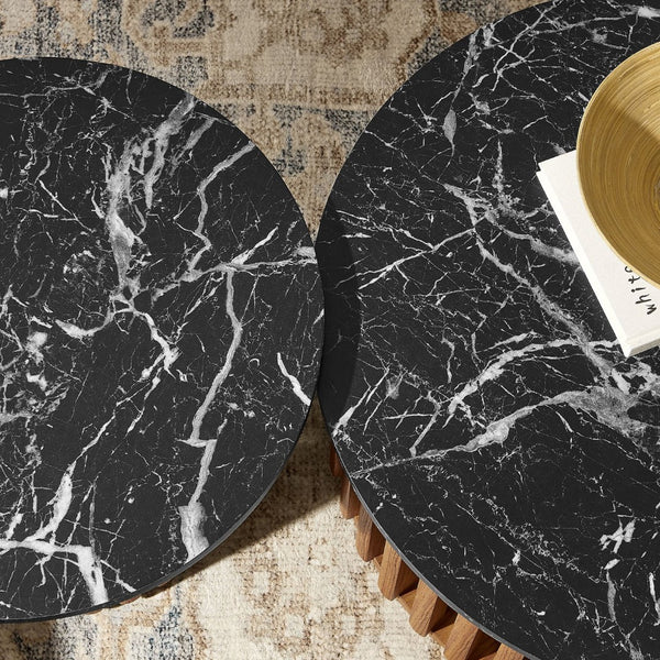 Modway Furniture Fortitude Round Faux Marble Nesting Coffee Table Set - Modern Walnut Design with Hidden Storage EEI-7345-WAL-BLK