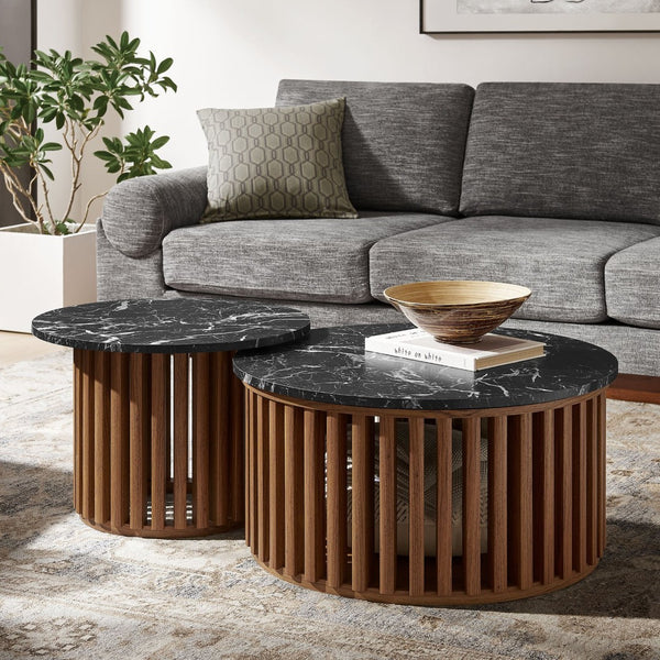 Modway Furniture Fortitude Round Faux Marble Nesting Coffee Table Set - Modern Walnut Design with Hidden Storage EEI-7345-WAL-BLK