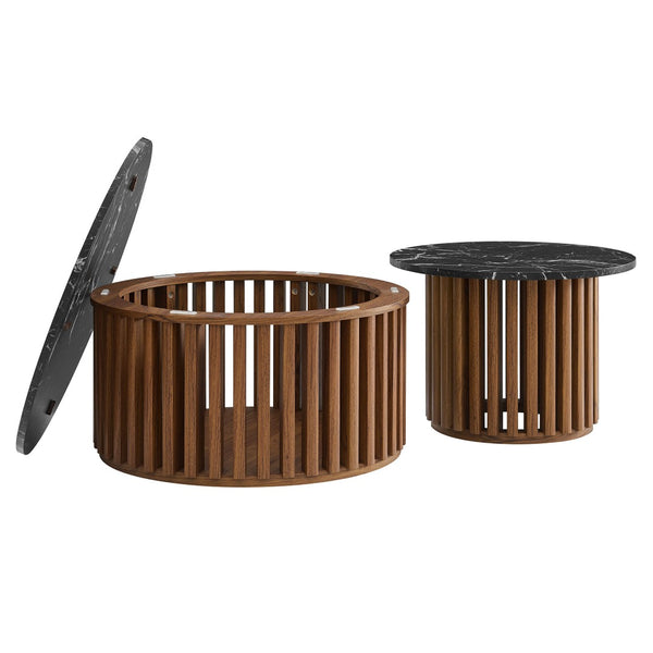Modway Furniture Fortitude Round Faux Marble Nesting Coffee Table Set - Modern Walnut Design with Hidden Storage EEI-7345-WAL-BLK