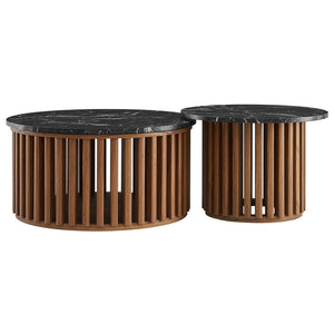 Modway Furniture Fortitude Round Faux Marble Nesting Coffee Table Set - Modern Walnut Design with Hidden Storage EEI-7345-WAL-BLK