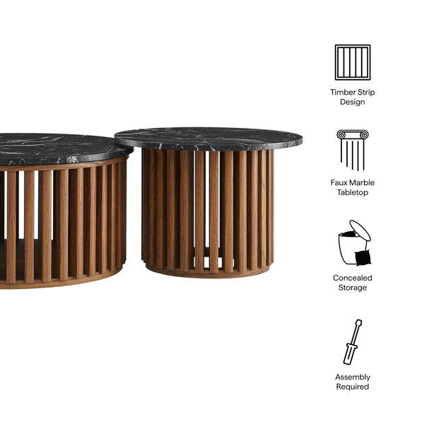 Modway Furniture Fortitude Round Faux Marble Nesting Coffee Table Set - Modern Walnut Design with Hidden Storage EEI-7345-WAL-BLK