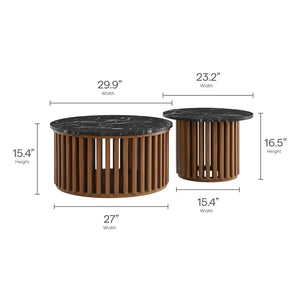 Modway Furniture Fortitude Round Faux Marble Nesting Coffee Table Set - Modern Walnut Design with Hidden Storage EEI-7345-WAL-BLK