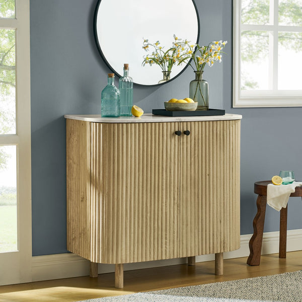 Modway Furniture Caldera 33" Curved Solid Wood & Marble Accent Storage Cabinet - Chic Mid-Century Modern Design EEI-7354-NAT