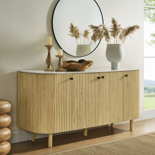 Modway Furniture Caldera 60" Curved Solid Wood & Marble Sideboard - Stylish Storage Cabinet for Modern Spaces EEI-7355-NAT