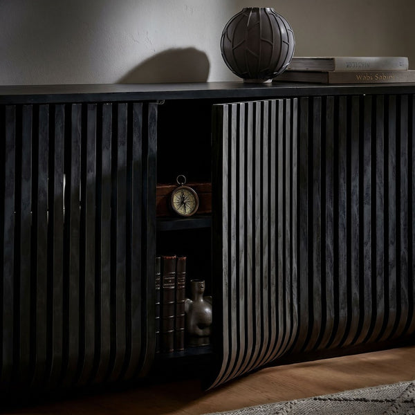 Modway Furniture Fortitude Modway Fluted Curved Sideboard Low Profile Buffet with Push Open Doors EEI-7359-BLK