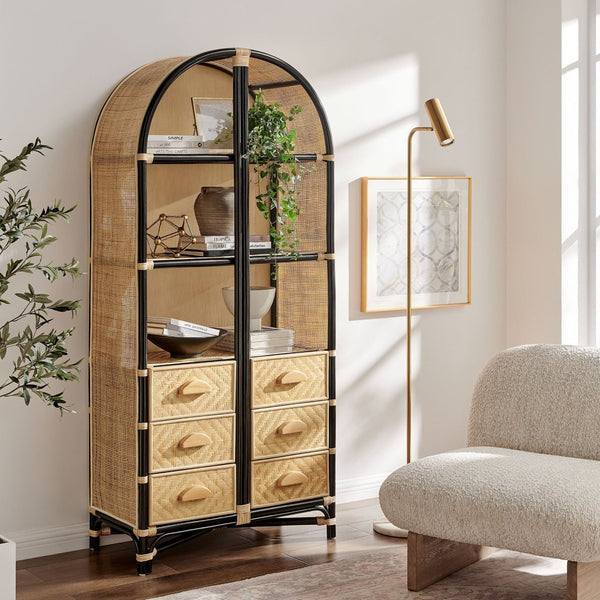 Modway Furniture Jane 71 Inch Tall Arched Rattan Bookshelf by Modway - Handcrafted Storage Solution for Stylish Spaces Natural Black EEI-7362-NAT-BLK