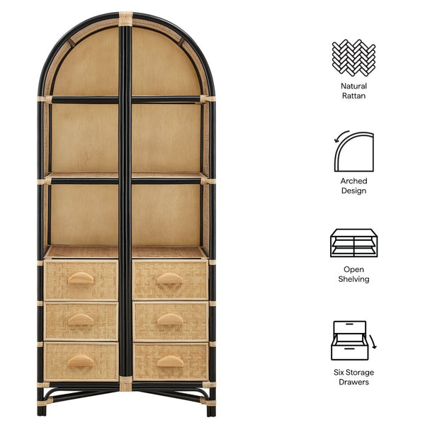 Modway Furniture Jane 71 Inch Tall Arched Rattan Bookshelf by Modway - Handcrafted Storage Solution for Stylish Spaces Natural Black EEI-7362-NAT-BLK