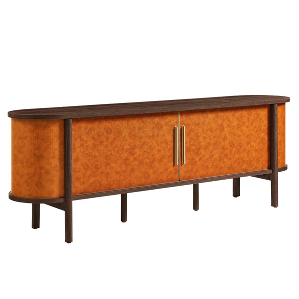 Modway Furniture Coralie Curved 71" Vegan Leather Oval TV Stand - Chic Walnut Tan Media Console with Sliding Doors EEI-7372-WAL-TAN