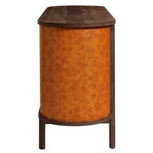 Modway Furniture Coralie Curved 71" Vegan Leather Oval TV Stand - Chic Walnut Tan Media Console with Sliding Doors EEI-7372-WAL-TAN