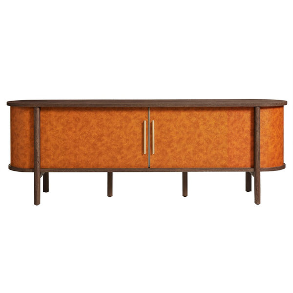 Modway Furniture Coralie Curved 71" Vegan Leather Oval TV Stand - Chic Walnut Tan Media Console with Sliding Doors EEI-7372-WAL-TAN