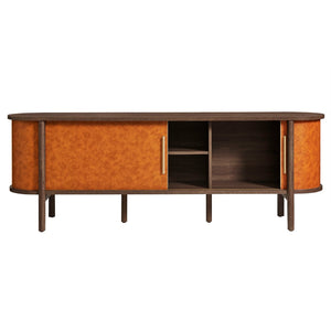 Modway Furniture Coralie Curved 71" Vegan Leather Oval TV Stand - Chic Walnut Tan Media Console with Sliding Doors EEI-7372-WAL-TAN