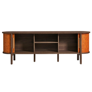 Modway Furniture Coralie Curved 71" Vegan Leather Oval TV Stand - Chic Walnut Tan Media Console with Sliding Doors EEI-7372-WAL-TAN