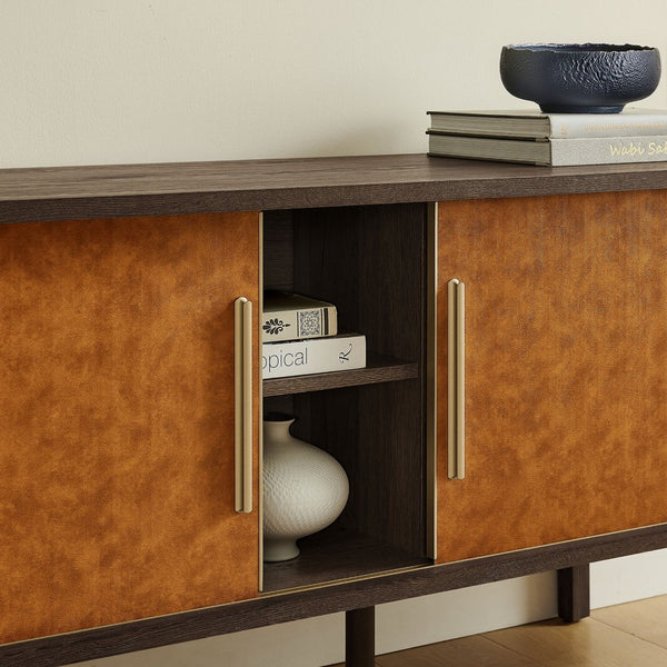 Modway Furniture Coralie Curved 71" Vegan Leather Oval TV Stand - Chic Walnut Tan Media Console with Sliding Doors EEI-7372-WAL-TAN