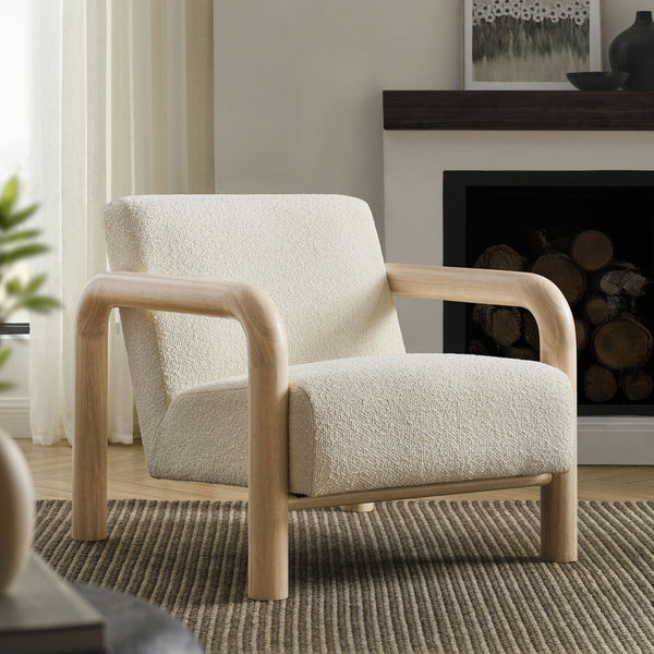 Modway Furniture Sereno Boucle Accent Chair - Sculptural Mid-Century Lounge Design for Stylish Living Spaces Cream Oak EEI-7391-CRE-OAK