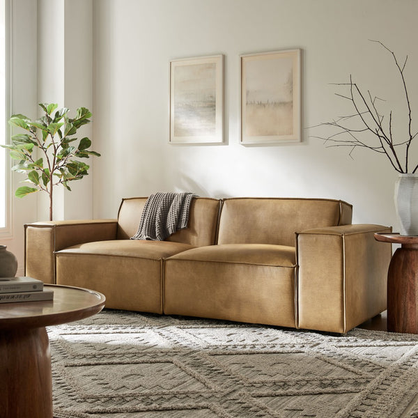 Modway Furniture Restore Modway Modular Loveseat Faux Leather French Piping Tailored Living Room Seating Toast EEI-7404-TST