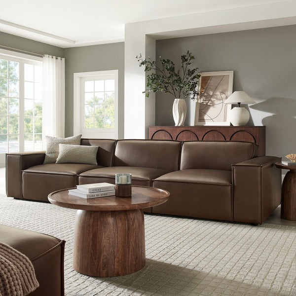 Modway Furniture Restore Modular Sofa Set Vegan Leather French Piping Three Piece Living Room Espresso EEI-7408-ESP