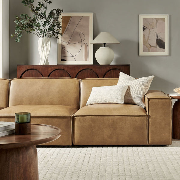 Modway Furniture Restore Modular Sofa Set Vegan Leather French Piping Three Piece Living Room Toast EEI-7408-TST