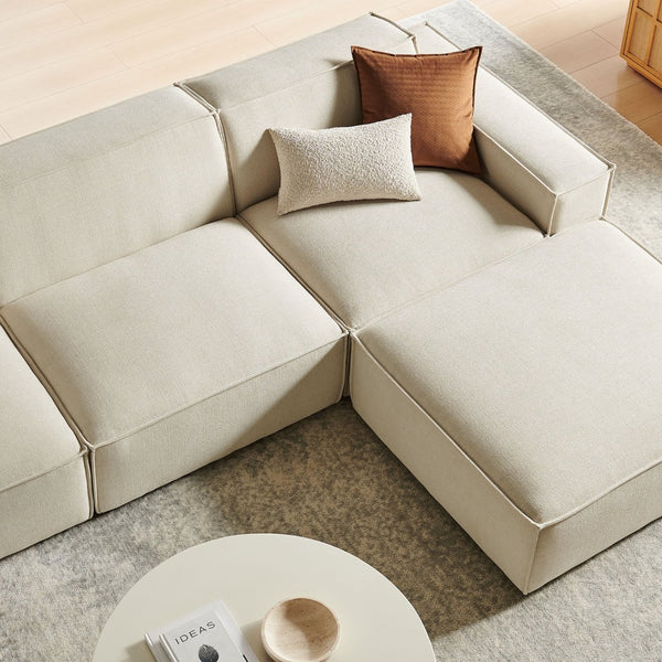 Modway Furniture Restore Modular Sofa Set with Ottoman Performance Fabric French Piping Living Room Ecru EEI-7409-ECR