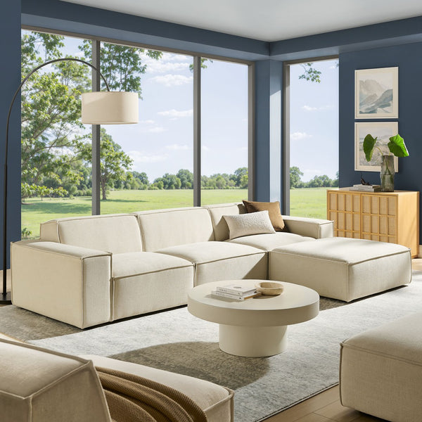 Modway Furniture Restore Modular Sofa Set with Ottoman Performance Fabric French Piping Living Room Ecru EEI-7409-ECR