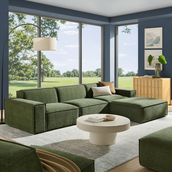 Modway Furniture Restore Modular Sofa Set with Ottoman Performance Fabric French Piping Living Room Foliage EEI-7409-FOL