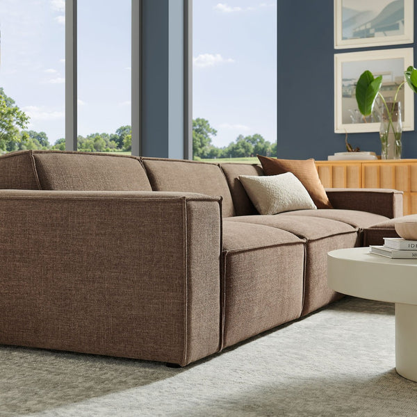 Modway Furniture Restore Modular Sofa Set with Ottoman Performance Fabric French Piping Living Room Mocha EEI-7409-MOC