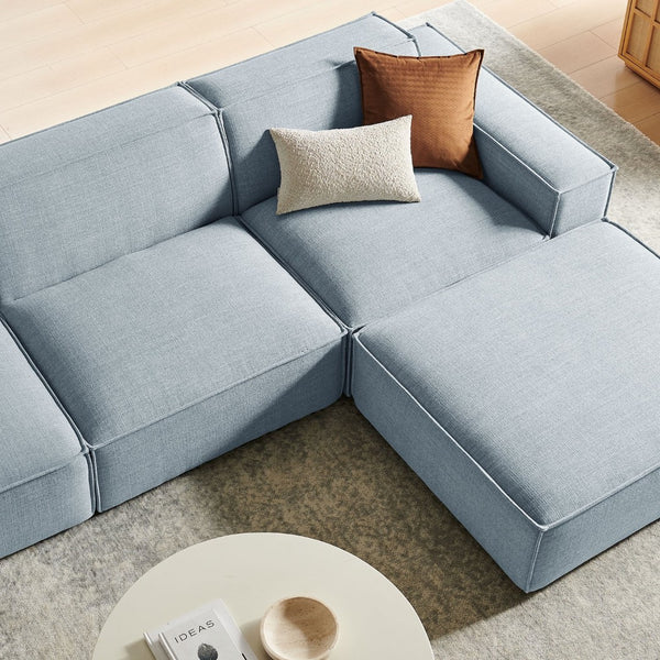 Modway Furniture Restore Modular Sofa Set with Ottoman Performance Fabric French Piping Living Room Sky EEI-7409-SKY