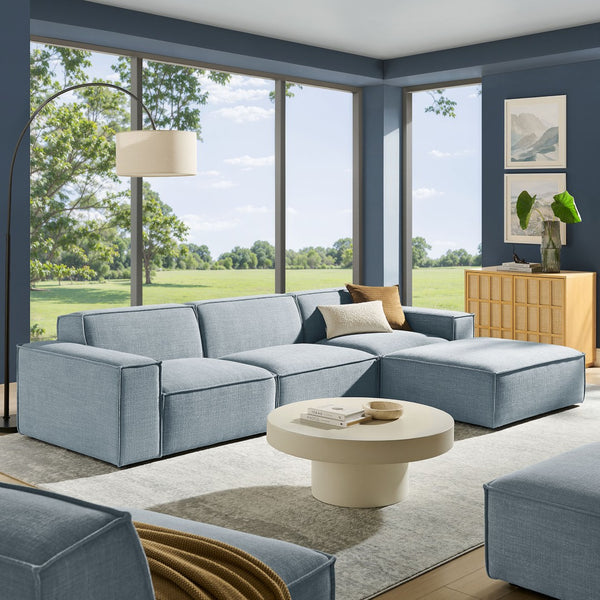 Modway Furniture Restore Modular Sofa Set with Ottoman Performance Fabric French Piping Living Room Sky EEI-7409-SKY