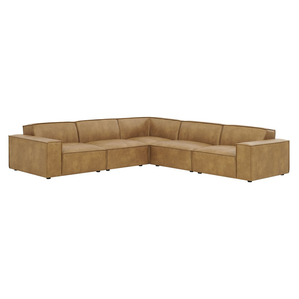 Modway Furniture Restore Modular L-shaped Sectional Sofa Five Piece Vegan Leather with French Piping Toast EEI-7412-TST