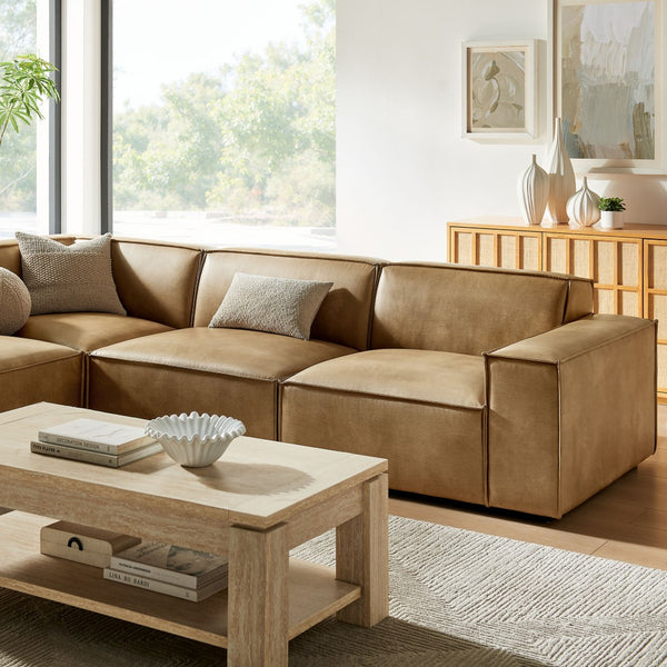 Modway Furniture Restore Modway Vegan Leather L-shaped Sectional with French Piping for Living Rooms Toast EEI-7432-TST