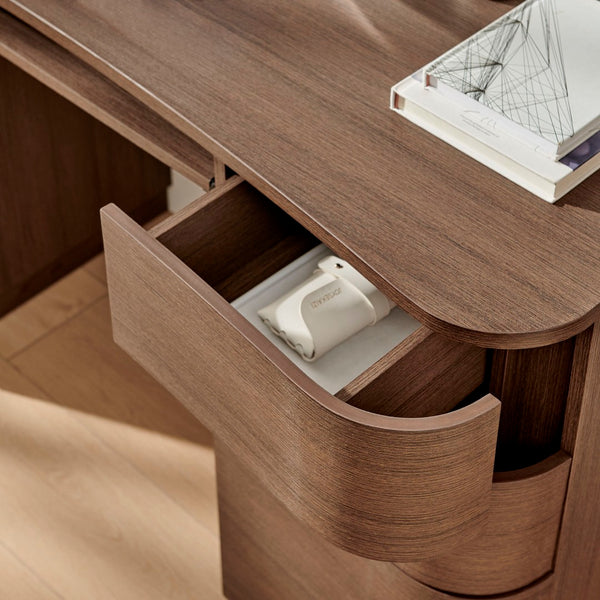 Modway Furniture Mirae 55" Curved Office Desk – Stylish 6-Drawer Workstation for Compact Home Office Essentials Brushed Brown Oak EEI-7436-BBO