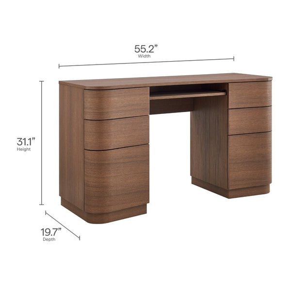 Modway Furniture Mirae 55" Curved Office Desk – Stylish 6-Drawer Workstation for Compact Home Office Essentials Brushed Brown Oak EEI-7436-BBO