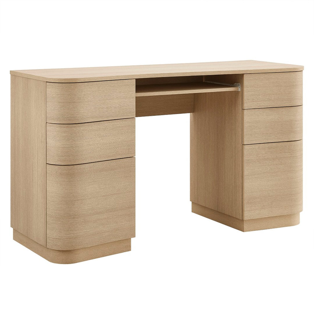 Modway Furniture Mirae 55" Curved Office Desk – Stylish 6-Drawer Workstation for Compact Home Office Essentials Brushed Light Oak EEI-7436-BOA