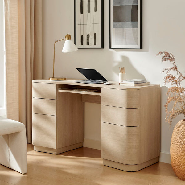 Modway Furniture Mirae 55" Curved Office Desk – Stylish 6-Drawer Workstation for Compact Home Office Essentials Brushed Light Oak EEI-7436-BOA