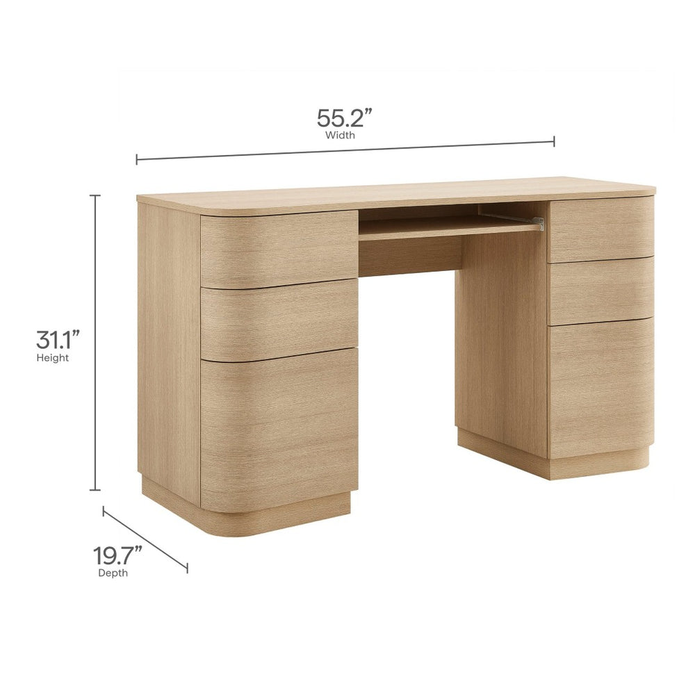 Modway Furniture Mirae 55" Curved Office Desk – Stylish 6-Drawer Workstation for Compact Home Office Essentials Brushed Light Oak EEI-7436-BOA