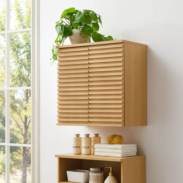 Modway Furniture Render Wall Mounted Bathroom Cabinet – Stylish Storage Solution with Mid-Century Charm & Functionality Oak EEI-7438-OAK