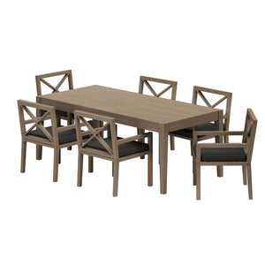 Modway Furniture Northlake Solid Teak Outdoor Dining Set Seats Six with Cross-back Armchairs Weathered Gray Flint EEI-7445-WGR-FLI