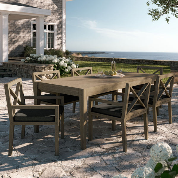 Modway Furniture Northlake Solid Teak Outdoor Dining Set Seats Six with Cross-back Armchairs Weathered Gray Flint EEI-7445-WGR-FLI