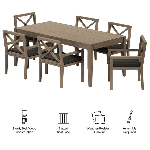 Modway Furniture Northlake Solid Teak Outdoor Dining Set Seats Six with Cross-back Armchairs Weathered Gray Flint EEI-7445-WGR-FLI