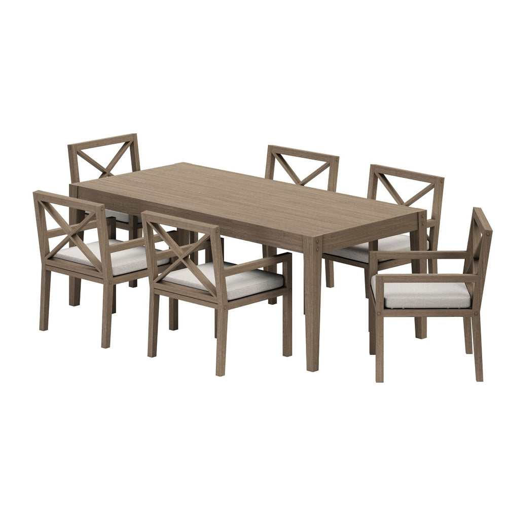 Modway Furniture Northlake Solid Teak Outdoor Dining Set Seats Six with Cross-back Armchairs Weathered Gray Pebble EEI-7445-WGR-PEB