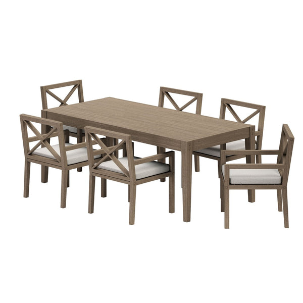 Modway Furniture Northlake Solid Teak Outdoor Dining Set Seats Six with Cross-back Armchairs Weathered Gray Pebble EEI-7445-WGR-PEB