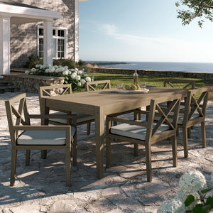 Modway Furniture Northlake Solid Teak Outdoor Dining Set Seats Six with Cross-back Armchairs Weathered Gray Pebble EEI-7445-WGR-PEB