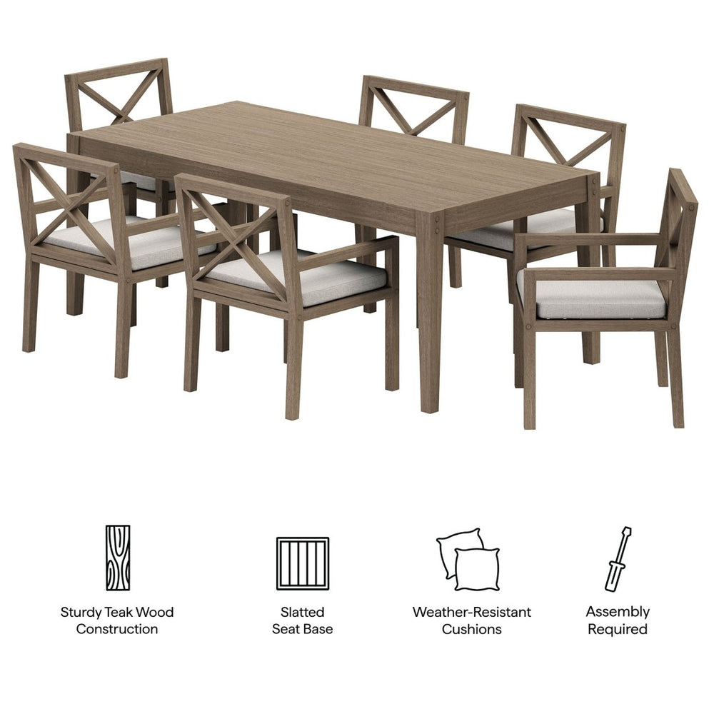 Modway Furniture Northlake Solid Teak Outdoor Dining Set Seats Six with Cross-back Armchairs Weathered Gray Pebble EEI-7445-WGR-PEB