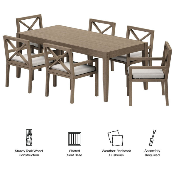 Modway Furniture Northlake Solid Teak Outdoor Dining Set Seats Six with Cross-back Armchairs Weathered Gray Pebble EEI-7445-WGR-PEB